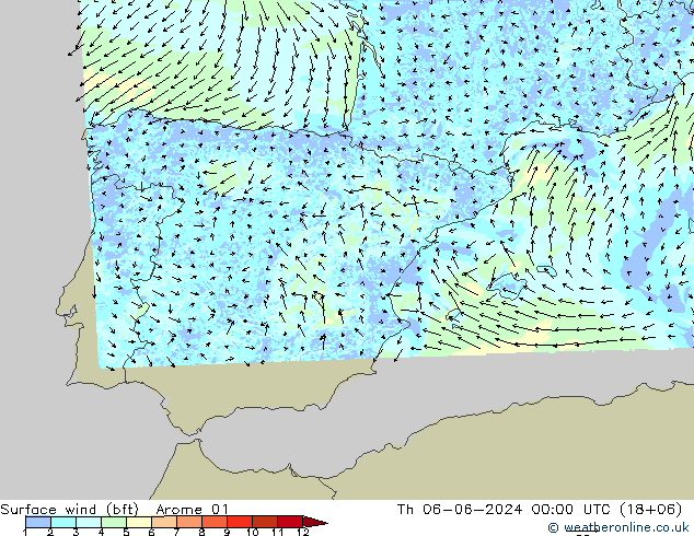 Wind 10 m (bft) Arome 01 do 06.06.2024 00 UTC