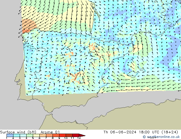 Viento 10 m (bft) Arome 01 jue 06.06.2024 18 UTC