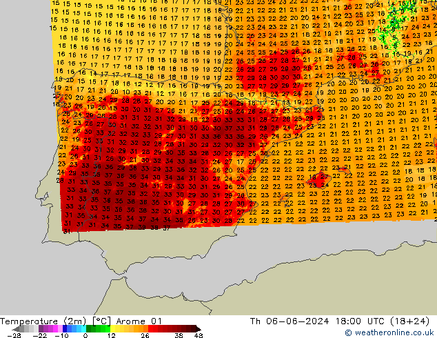 Temperatura (2m) Arome 01 gio 06.06.2024 18 UTC