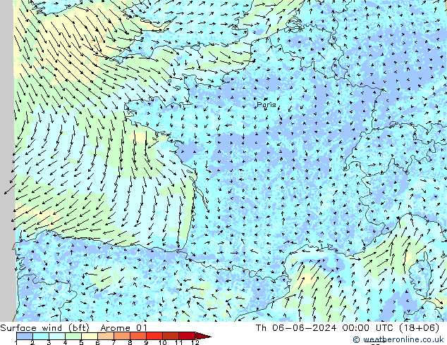 Surface wind (bft) Arome 01 Th 06.06.2024 00 UTC