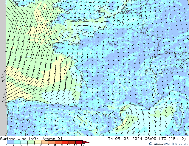 Wind 10 m (bft) Arome 01 do 06.06.2024 06 UTC