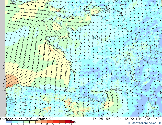 Vent 10 m (bft) Arome 01 jeu 06.06.2024 18 UTC