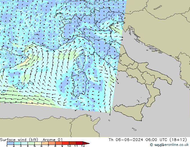 Wind 10 m (bft) Arome 01 do 06.06.2024 06 UTC