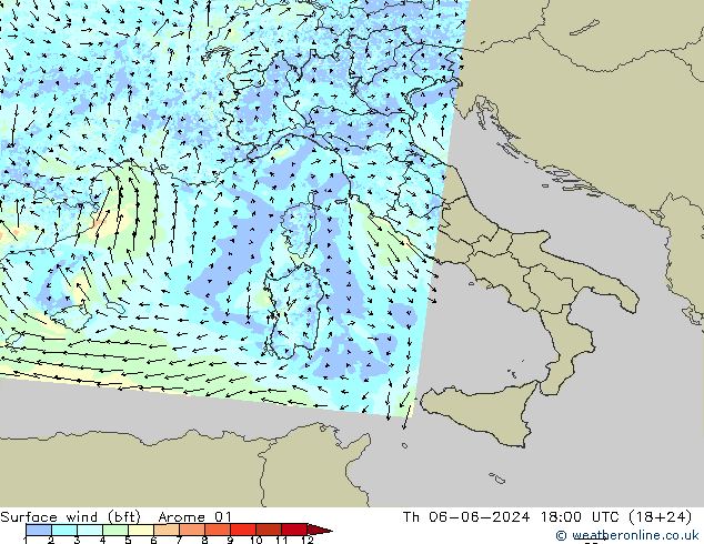 Vent 10 m (bft) Arome 01 jeu 06.06.2024 18 UTC