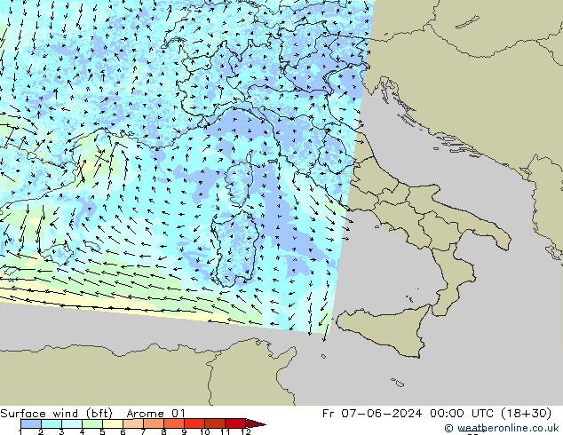 Vento 10 m (bft) Arome 01 ven 07.06.2024 00 UTC