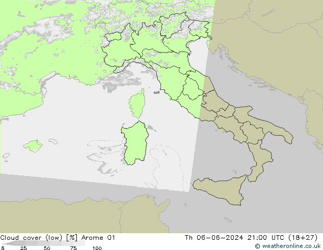 Cloud cover (low) Arome 01 Th 06.06.2024 21 UTC