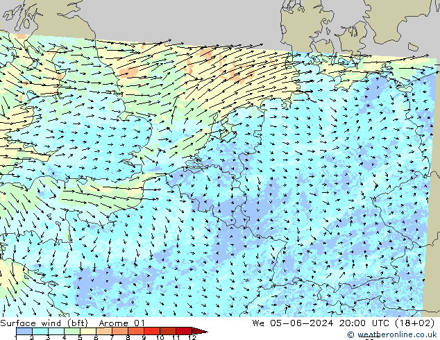 Bodenwind (bft) Arome 01 Mi 05.06.2024 20 UTC