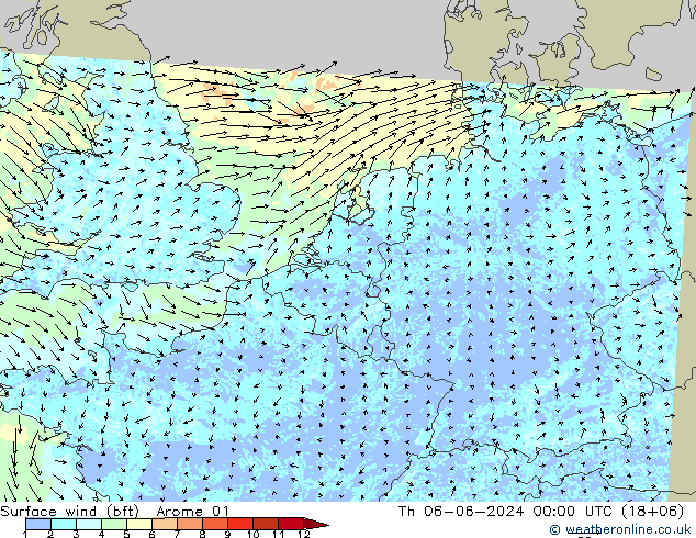 �N 10 米 (bft) Arome 01 星期四 06.06.2024 00 UTC