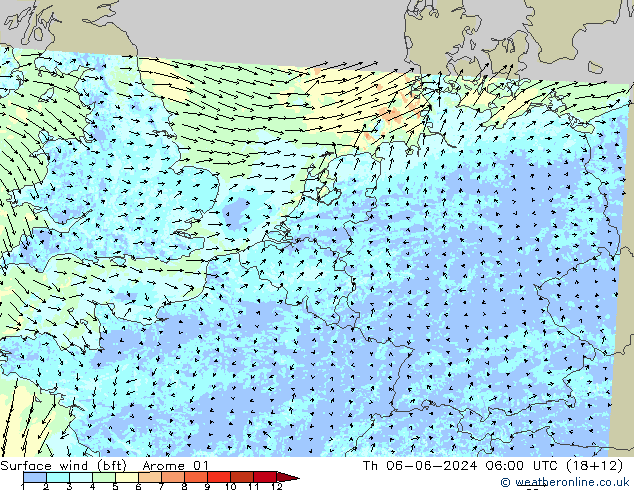 Surface wind (bft) Arome 01 Čt 06.06.2024 06 UTC