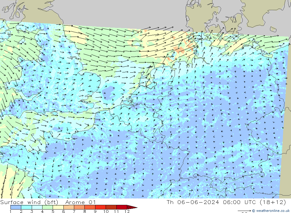 Bodenwind (bft) Arome 01 Do 06.06.2024 06 UTC