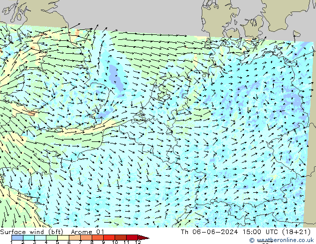 Surface wind (bft) Arome 01 Th 06.06.2024 15 UTC