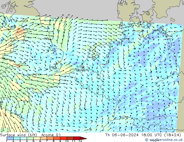 Surface wind (bft) Arome 01 Th 06.06.2024 18 UTC