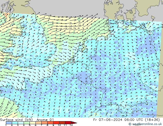 Bodenwind (bft) Arome 01 Fr 07.06.2024 06 UTC