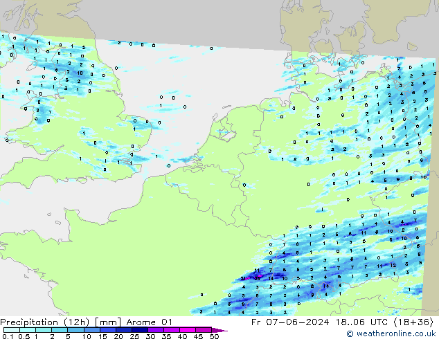 Precipitation (12h) Arome 01 Pá 07.06.2024 06 UTC