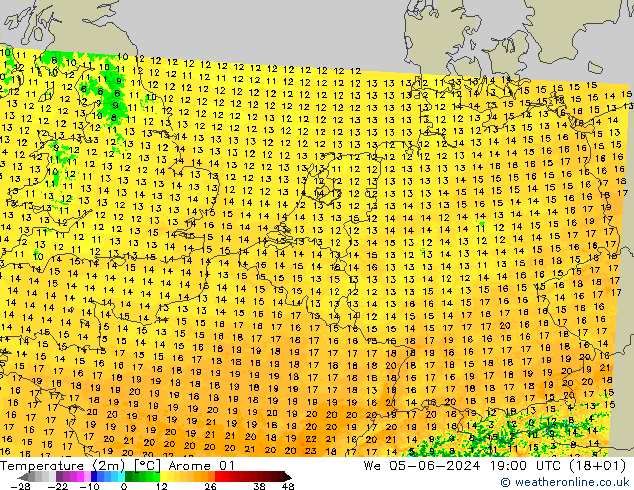 Temperatuurkaart (2m) Arome 01 wo 05.06.2024 19 UTC