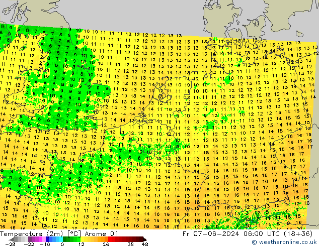 Temperature (2m) Arome 01 Fr 07.06.2024 06 UTC