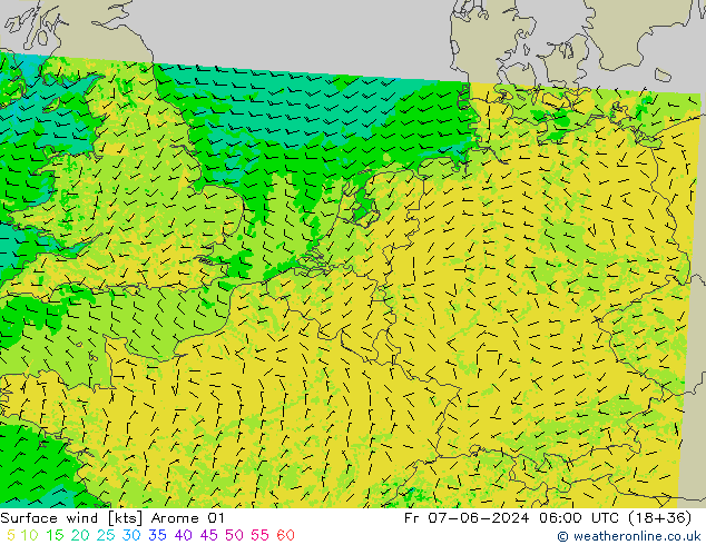 Wind 10 m Arome 01 vr 07.06.2024 06 UTC