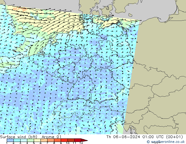 Surface wind (bft) Arome 01 Čt 06.06.2024 01 UTC