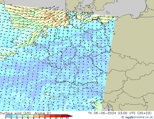 Surface wind (bft) Arome 01 Th 06.06.2024 03 UTC