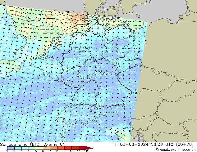 Surface wind (bft) Arome 01 Th 06.06.2024 06 UTC