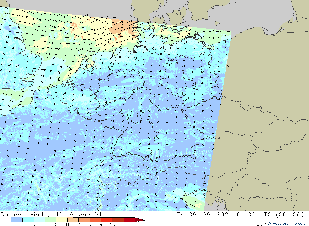 �N 10 米 (bft) Arome 01 星期四 06.06.2024 06 UTC