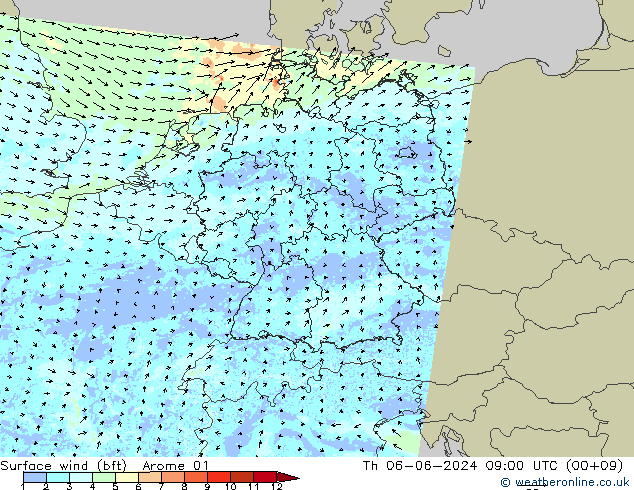 Bodenwind (bft) Arome 01 Do 06.06.2024 09 UTC