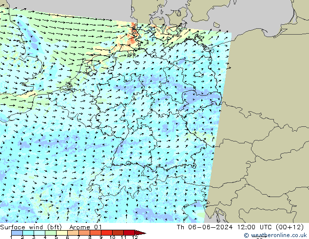wiatr 10 m (bft) Arome 01 czw. 06.06.2024 12 UTC