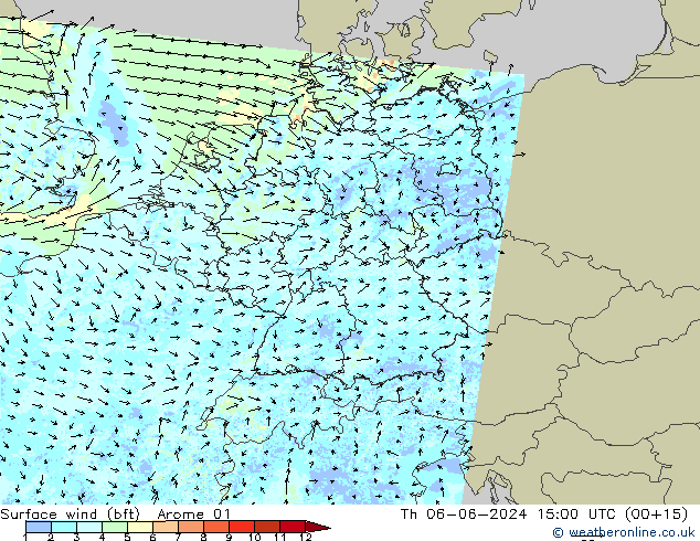 Wind 10 m (bft) Arome 01 do 06.06.2024 15 UTC