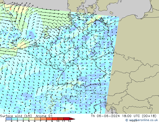 Bodenwind (bft) Arome 01 Do 06.06.2024 18 UTC