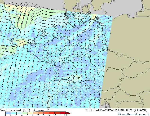 Wind 10 m (bft) Arome 01 do 06.06.2024 20 UTC