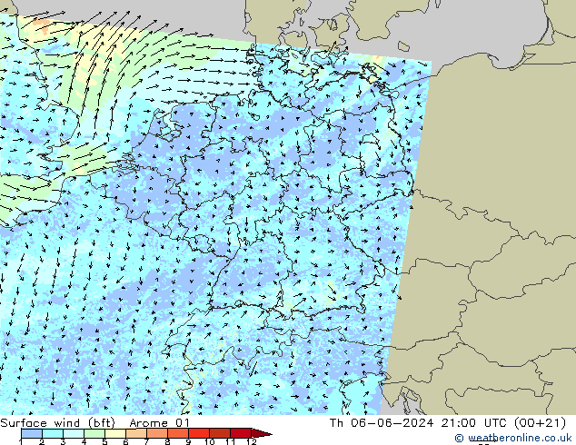 Vent 10 m (bft) Arome 01 jeu 06.06.2024 21 UTC