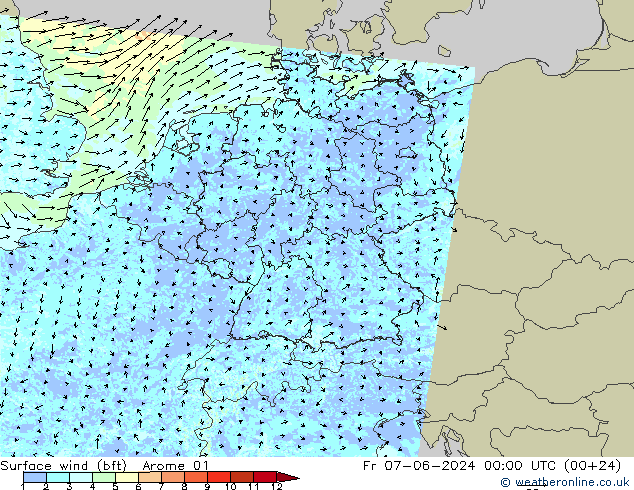 Surface wind (bft) Arome 01 Pá 07.06.2024 00 UTC
