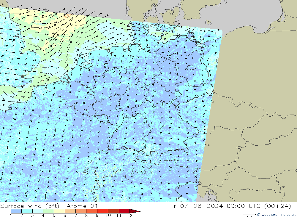 wiatr 10 m (bft) Arome 01 pt. 07.06.2024 00 UTC