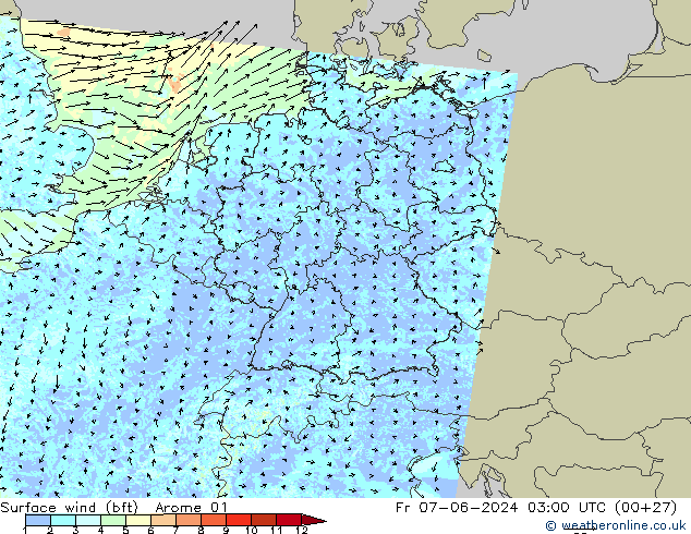 Surface wind (bft) Arome 01 Pá 07.06.2024 03 UTC