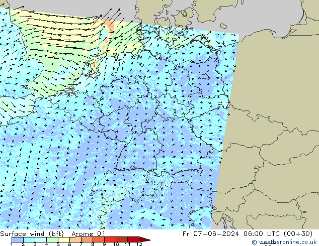 Vento 10 m (bft) Arome 01 ven 07.06.2024 06 UTC