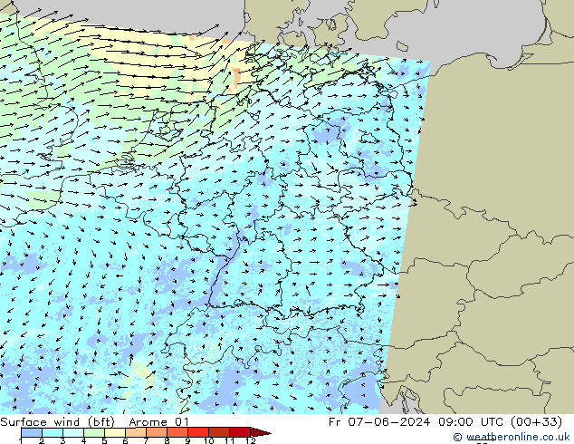 Wind 10 m (bft) Arome 01 vr 07.06.2024 09 UTC