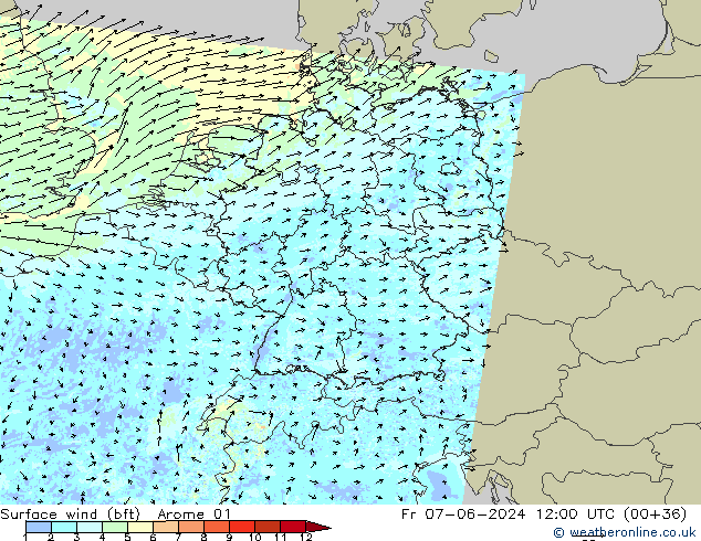 wiatr 10 m (bft) Arome 01 pt. 07.06.2024 12 UTC