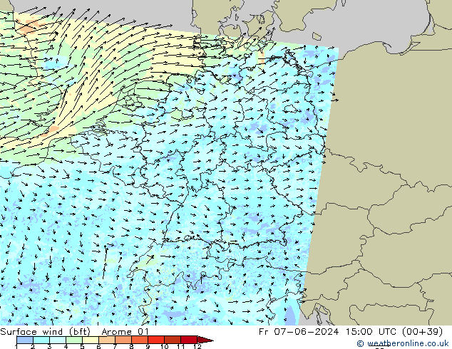 Surface wind (bft) Arome 01 Pá 07.06.2024 15 UTC