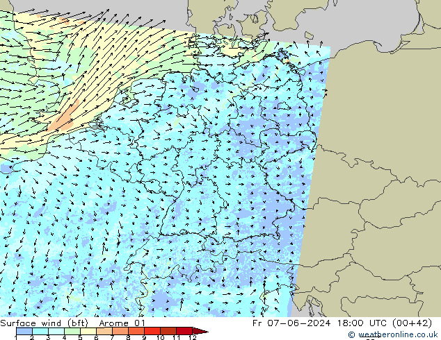 Viento 10 m (bft) Arome 01 vie 07.06.2024 18 UTC