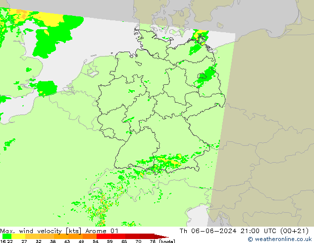 Max. wind velocity Arome 01 czw. 06.06.2024 21 UTC