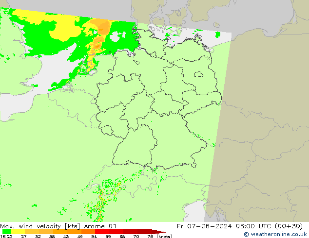 Max. wind velocity Arome 01 Fr 07.06.2024 06 UTC