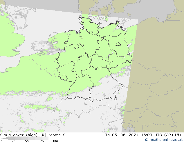 Cloud cover (high) Arome 01 Th 06.06.2024 18 UTC