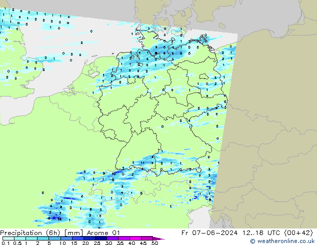 Précipitation (6h) Arome 01 ven 07.06.2024 18 UTC