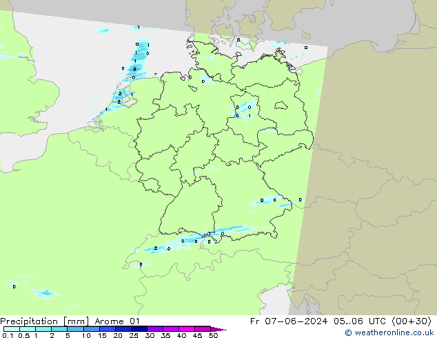 Srážky Arome 01 Pá 07.06.2024 06 UTC