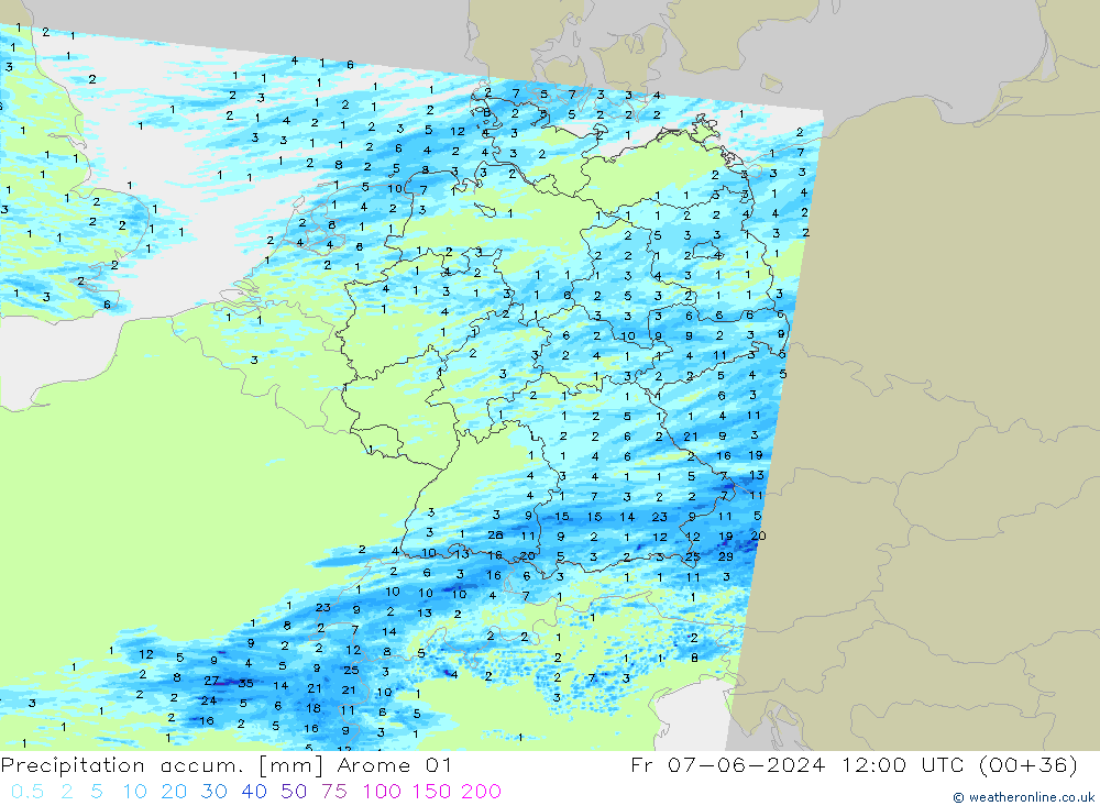 Precipitation accum. Arome 01 Pá 07.06.2024 12 UTC