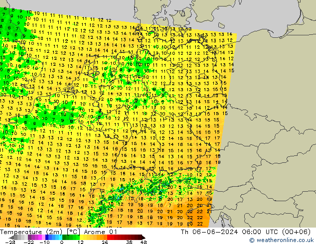 Temperatuurkaart (2m) Arome 01 do 06.06.2024 06 UTC