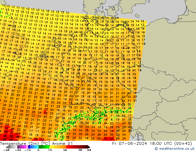 Temperature (2m) Arome 01 Fr 07.06.2024 18 UTC