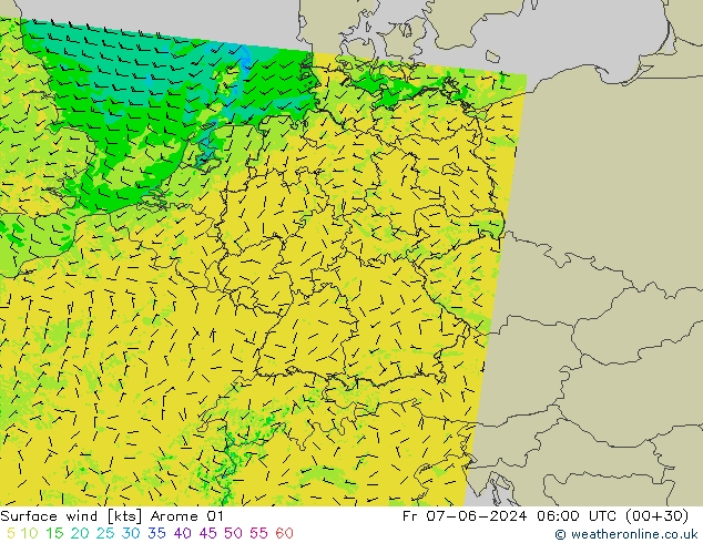 Surface wind Arome 01 Fr 07.06.2024 06 UTC