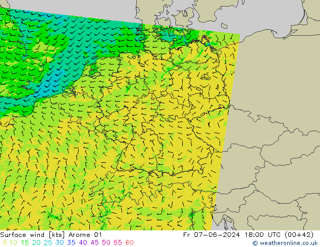 Wind 10 m Arome 01 vr 07.06.2024 18 UTC
