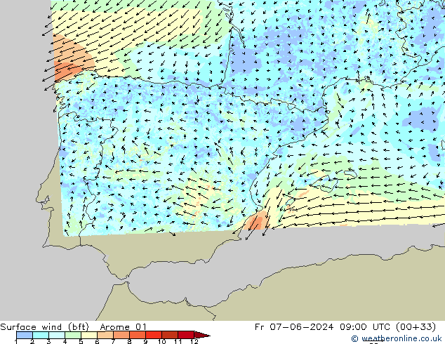 Surface wind (bft) Arome 01 Fr 07.06.2024 09 UTC